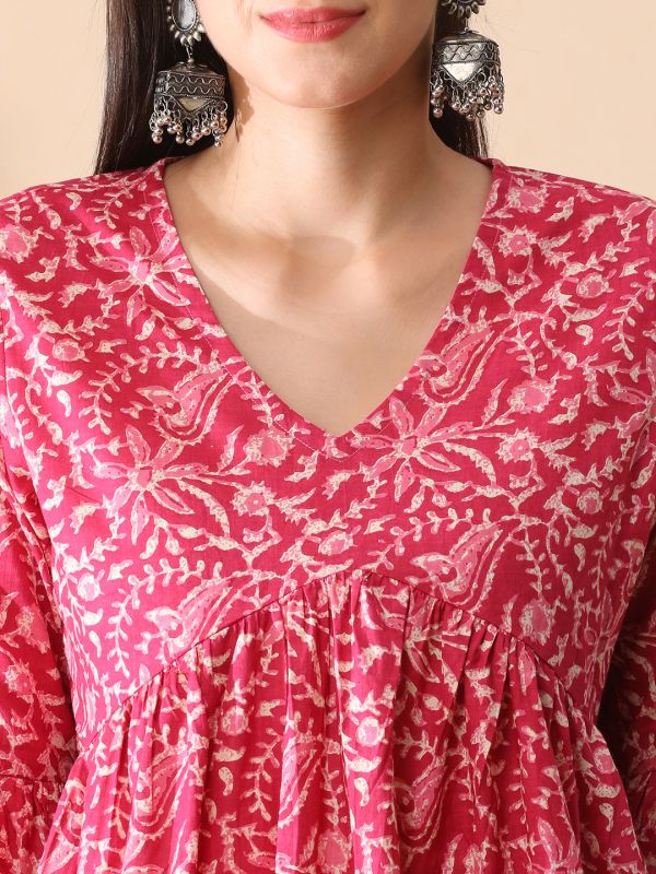 Globus Women Pink Floral Printed V-Neck Bell Sleeves Gathered A-Line Aliya Cut Workwear Tunic