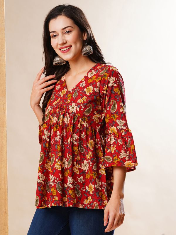 Globus Women Maroon Floral Printed V-Neck Bell Sleeves Gathered A-Line Alia Cut Workwear Tunic