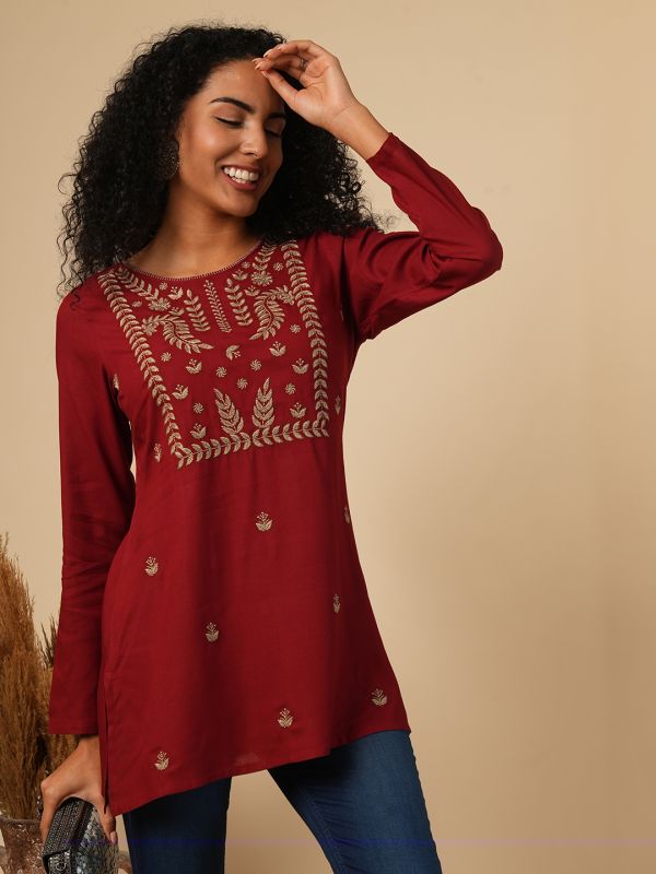 Globus Women Maroon Embroidered Yoke Neck Ethnic Print Workwear Tunic