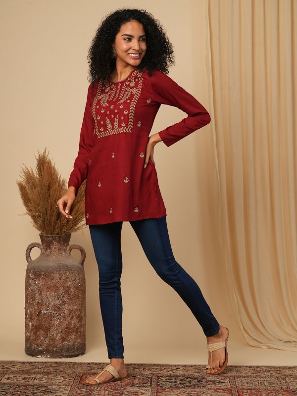 Globus Women Maroon Embroidered Yoke Neck Ethnic Print Workwear Tunic