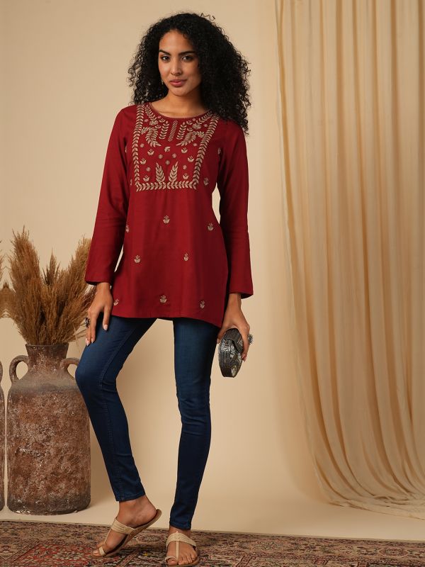 Globus Women Maroon Embroidered Yoke Neck Ethnic Print Workwear Tunic