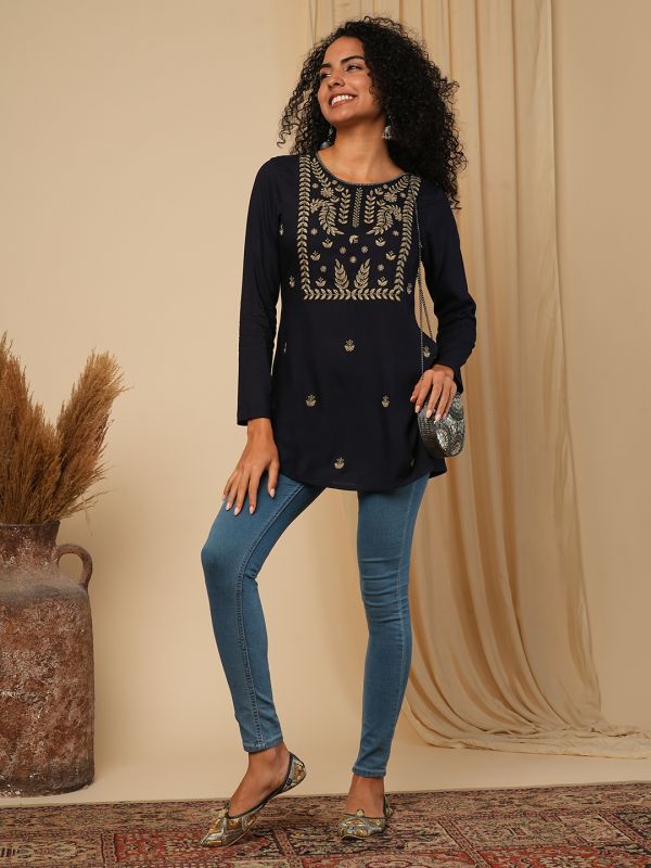 Globus Women Blue Yoke Embroidered Yoke Neck Ethnic Print Workwear Tunic