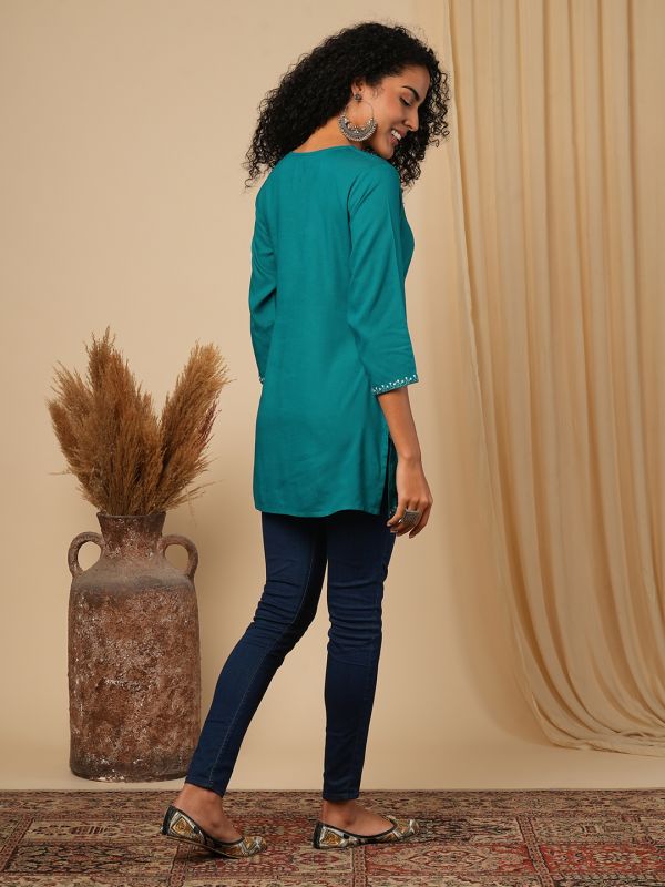 Globus Women Turquoise Blue Embellished Tie -Up V-Neck 3/4 Sleeves Workwear Tunic