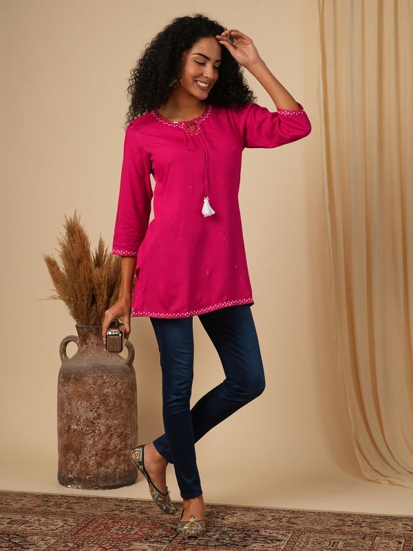 Globus Women Pink Embellished Tie -Up V-Neck 3/4 Sleeves Workwear Tunic