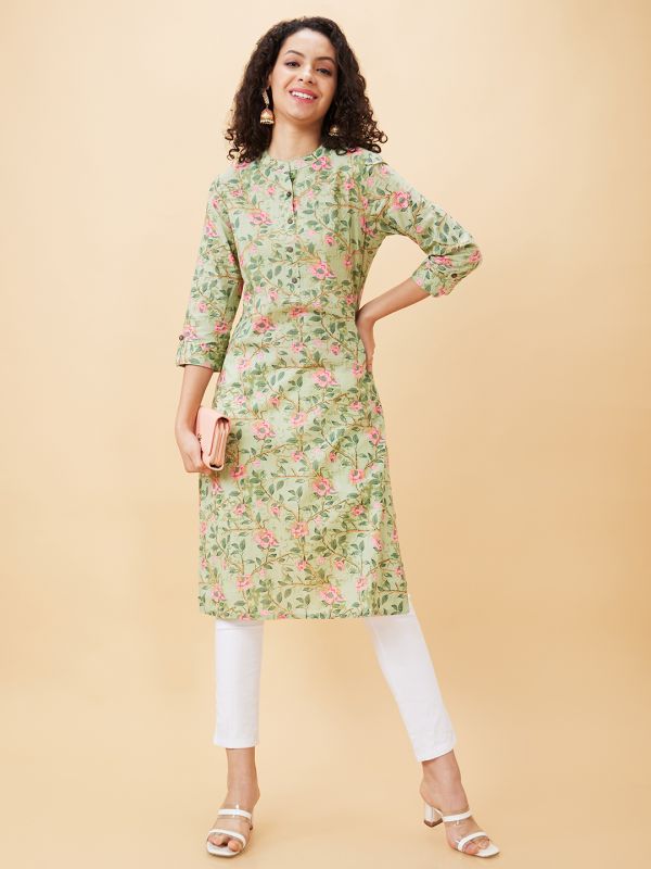 Globus Women Green Floral Print Mandarin Neck Straight Calf Length Kurta