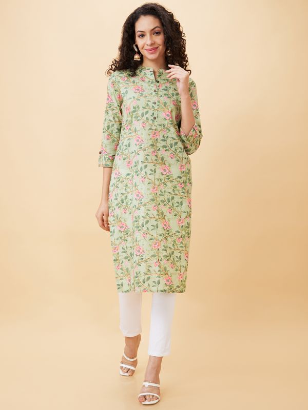 Globus Women Green Floral Print Mandarin Neck Straight Calf Length Kurta