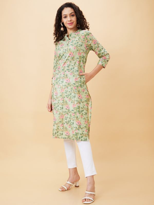 Globus Women Green Floral Print Mandarin Neck Straight Calf Length Kurta