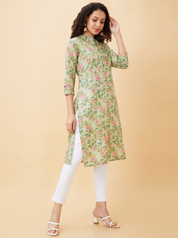 Globus Women Green Floral Print Mandarin Neck Straight Calf Length Kurta