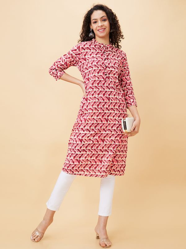 Globus Women Pink Printed Mandarin Collar Straight Kurta