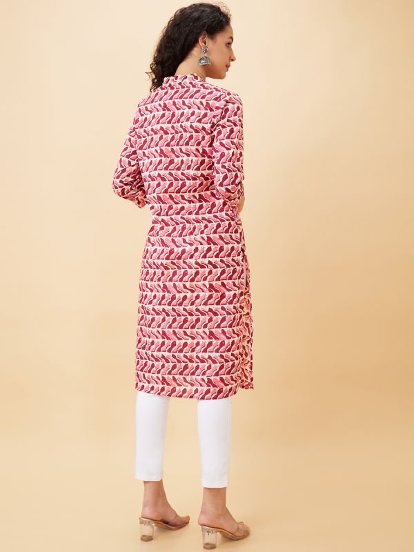 Globus Women Pink Printed Mandarin Collar Straight Kurta