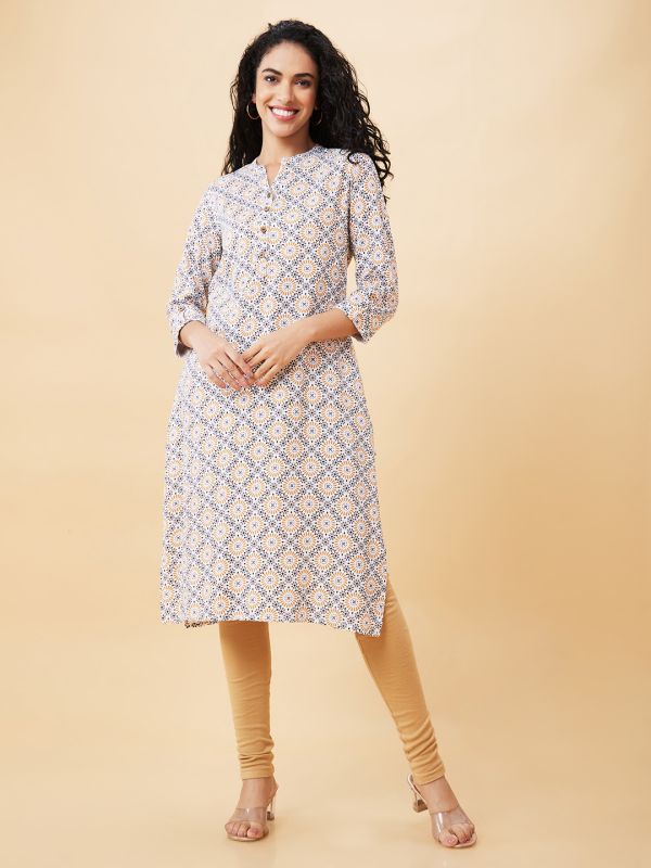 Globus Women Off White Printed Mandarin Collar Straight Kurta