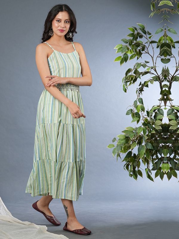 Globus Women Green Strappy Shoulder Variegated Stripes Smocked Tiered A-Line Midi Dress With Embroidered Belt