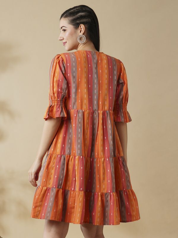 Globus Women Multi Orange V-Floral Embroidered Neck Puff Sleeve Knee Length Tiered A-Line Dress