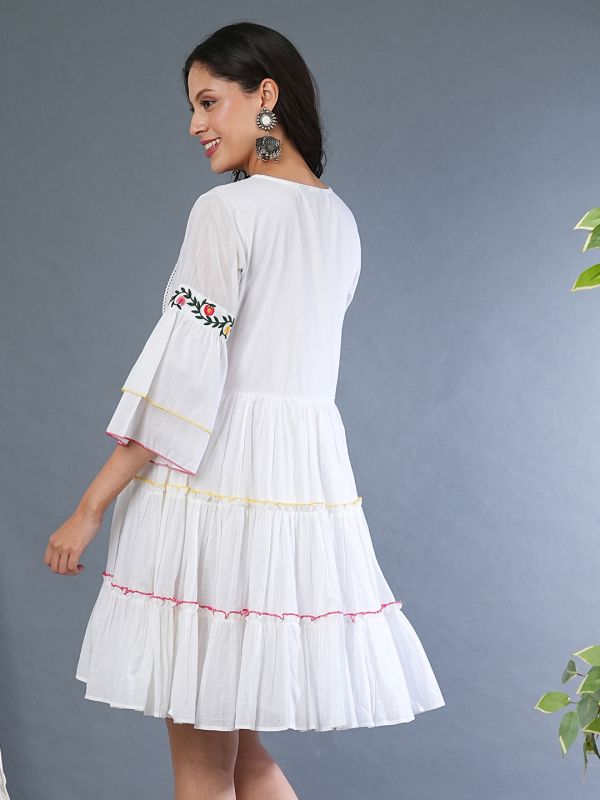 Globus Women White Floral Embroidered Yoke Flared Sleeves Gathered Tiered Fit & Flare Dress