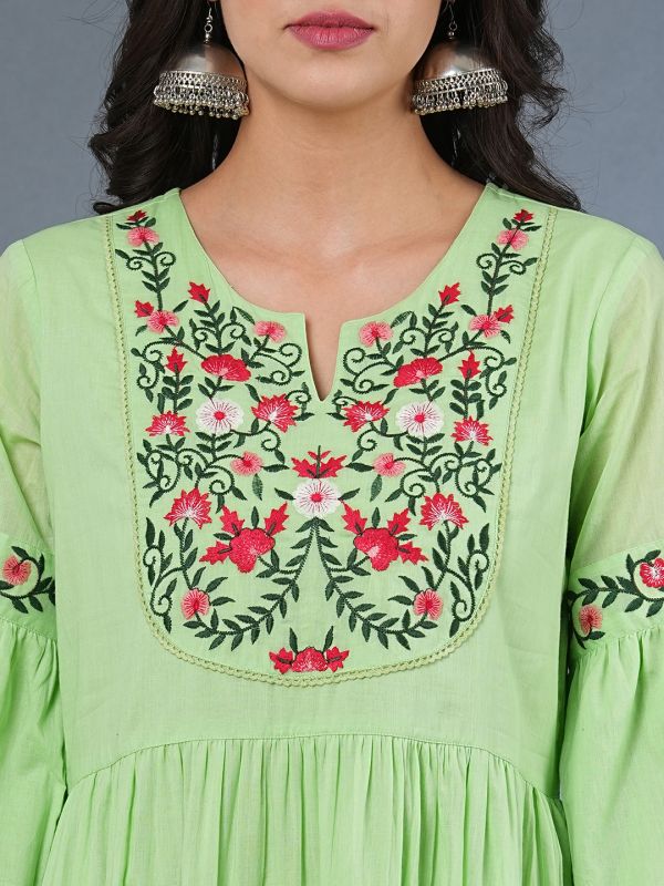 Globus Women Green Floral Embroidered Yoke Flared Sleeves Gathered Tiered Fit & Flare Dress