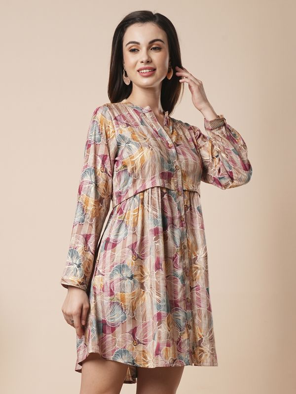 Globus Women Multi Colour Floral Printed Mandarin Collar Cuff Sleeves Button-Down Workwear Dress