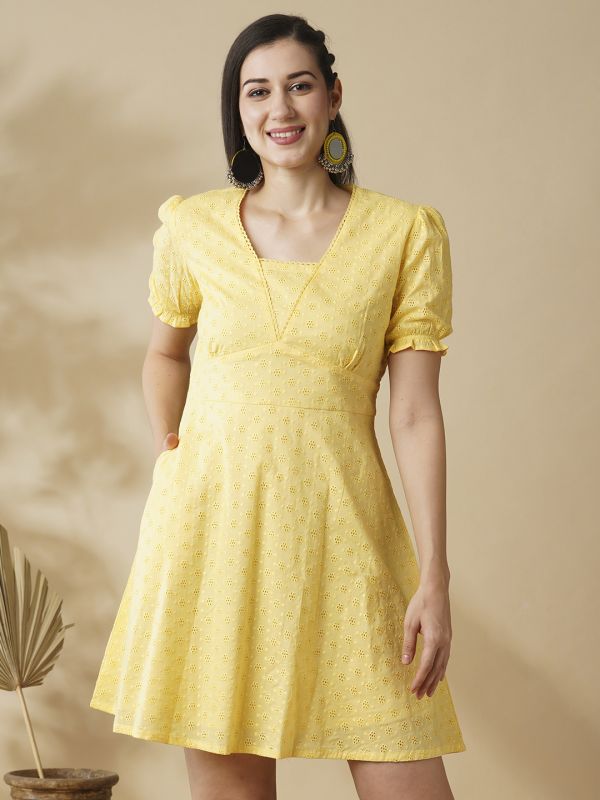 Globus Women Yellow Blue Self-Design V-Neck Puff Sleeves Flared Hem A-Line Ethnic Dress