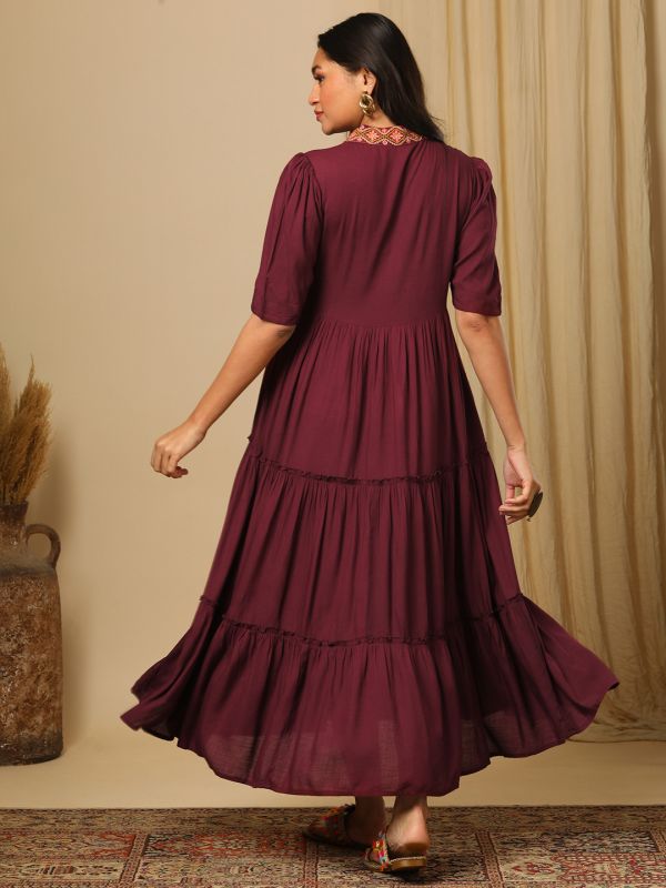 Globus Women Burgundy Embroidered V-Neck Puff Sleeves Boho Tiered Fusion Fit & Flare Maxi Dress