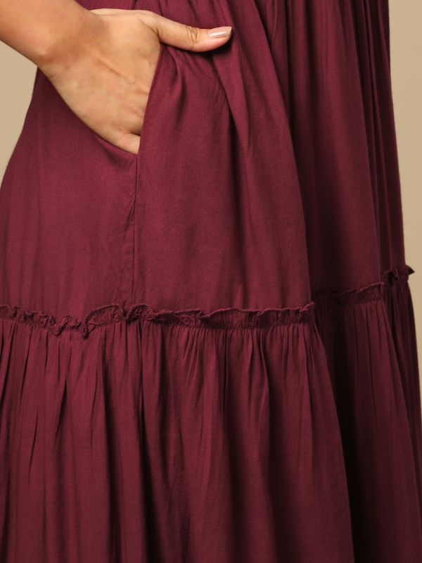 Globus Women Burgundy Embroidered V-Neck Puff Sleeves Boho Tiered Fusion Fit & Flare Maxi Dress