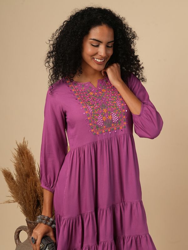 Globus Women Purple Embroidered Yoke Bishop Sleeves A-Line Tiered fusion Dress