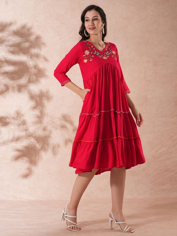 Globus Women Red V-Neck Floral Embroidered Yoke Alia Cut Tiered A-Line Fusion Dress