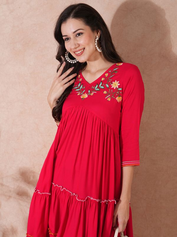 Globus Women Red V-Neck Floral Embroidered Yoke Alia Cut Tiered A-Line Fusion Dress