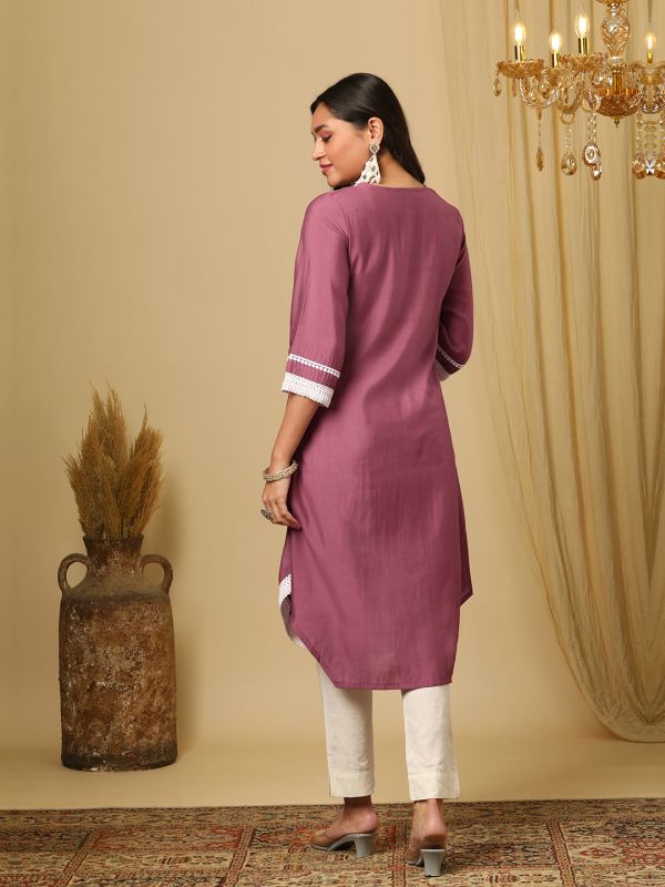 Globus Women Purple Embroidered Round Neck Bell Sleeves lace detail Apple Cut Hem A-Line Calf Length Fusion Kurta