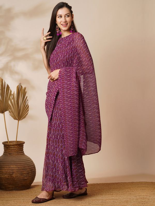 Globus Women Purple Ikat Print Heat Pleated Georgette Ready To Wear Fusion Gown Saree