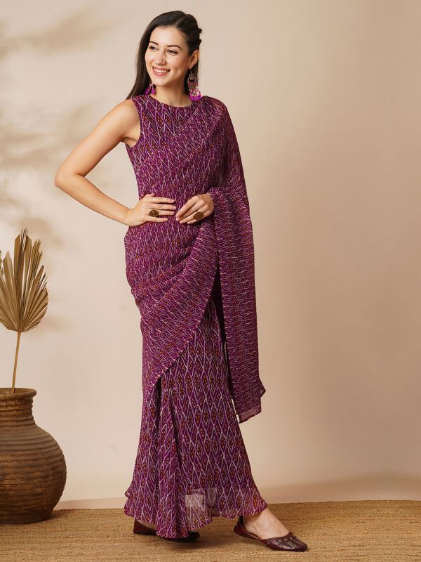 Globus Women Purple Ikat Print Heat Pleated Georgette Ready To Wear Fusion Gown Saree