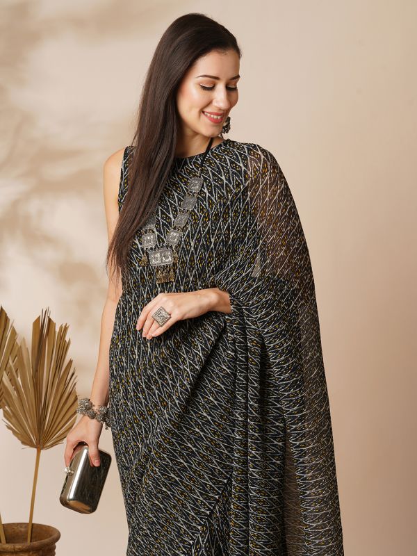 Globus Women Black Ikat Print Heat Pleated Georgette Ready To Wear Fusion Gown Saree