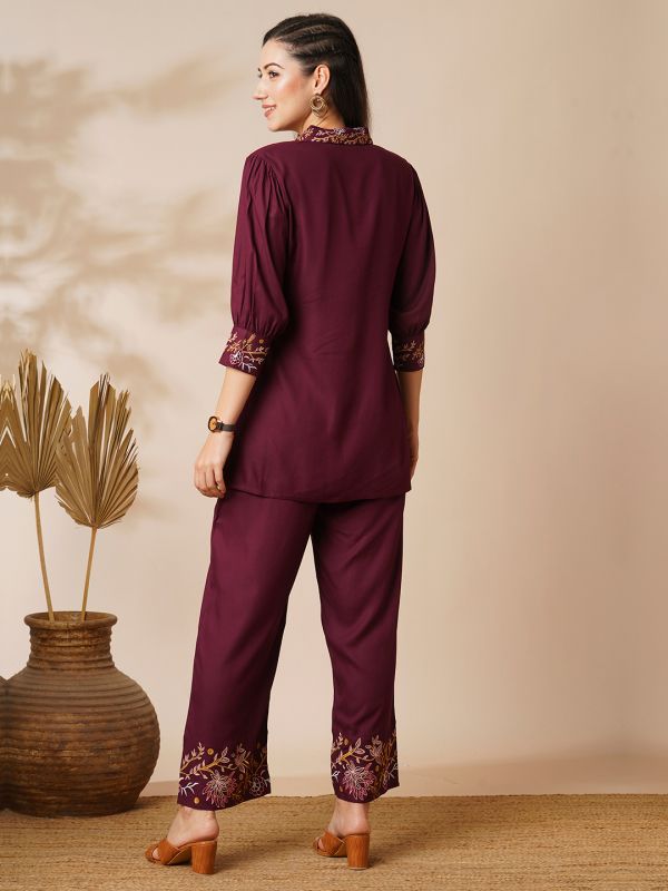 Globus Women Purple Floral Embroidered Shirt Collar Cuffed Sleeves Top & Mid-Rise Partially Elasticated Ankle Length Pants Fusion Co-Ord Set