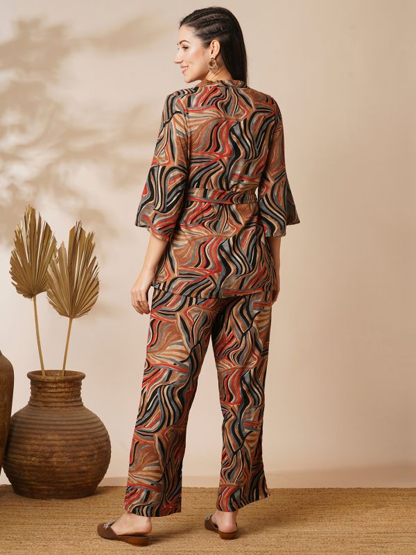 Globus Women Multi-Colour Marble Gold Foil Print Lapel Collar Flared Sleeves Shirt Style Top & Mid-Rise Partially Elasticated Ankle Length Pants Fusion Co-Ord Set