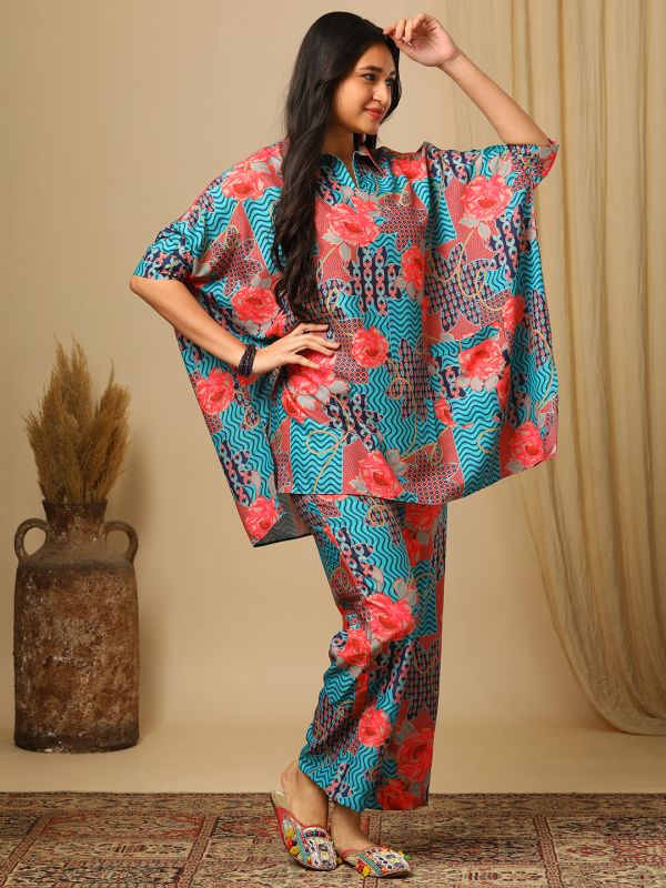 Globus Women Blue Floral Printed Shirt Collar Kaftan Top & Partially Elasticated Trousers Fusion Co-Ord Set