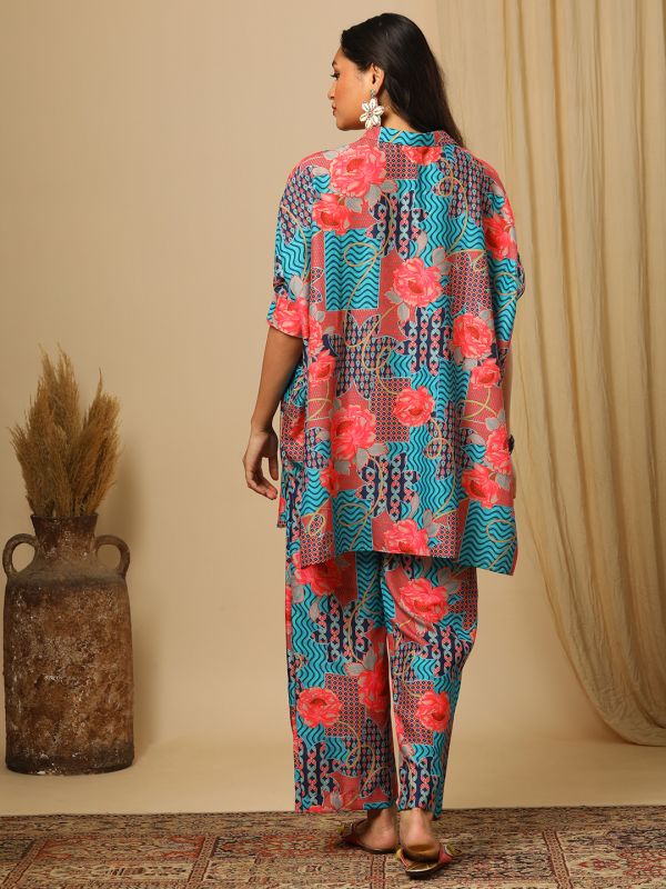 Globus Women Blue Floral Printed Shirt Collar Kaftan Top & Partially Elasticated Trousers Fusion Co-Ord Set