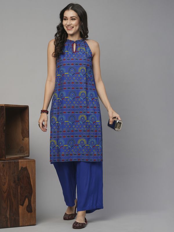 Globus Women Blue Keyhole Halter Neck Ethnic Print Straight Kurta With Partially Elasticated Mid-Rise Pants Fusion Set