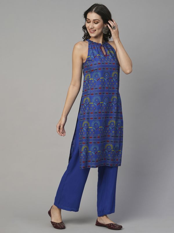 Globus Women Blue Keyhole Halter Neck Ethnic Print Straight Kurta With Partially Elasticated Mid-Rise Pants Fusion Set