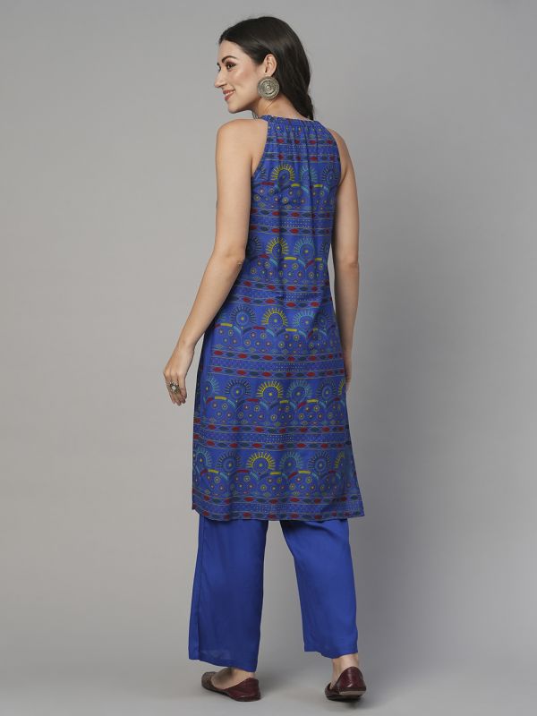 Globus Women Blue Keyhole Halter Neck Ethnic Print Straight Kurta With Partially Elasticated Mid-Rise Pants Fusion Set