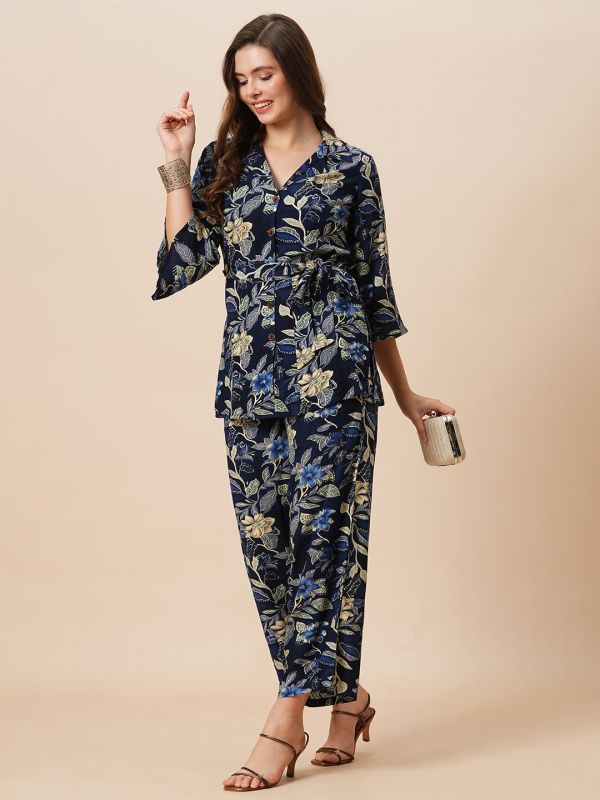 Globus Women Blue Notch Lapel Floral Print Belted Tunic With Partially Elasticated Mid-Rise Wide Leg Pants Fusion Co-Ord Set