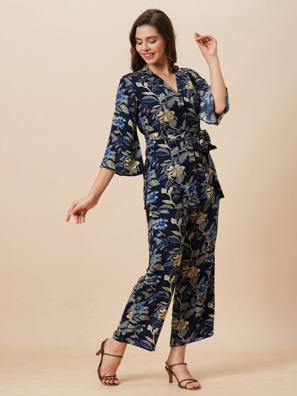 Globus Women Blue Notch Lapel Floral Print Belted Tunic With Partially Elasticated Mid-Rise Wide Leg Pants Fusion Co-Ord Set