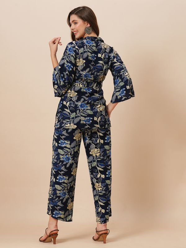 Globus Women Blue Notch Lapel Floral Print Belted Tunic With Partially Elasticated Mid-Rise Wide Leg Pants Fusion Co-Ord Set