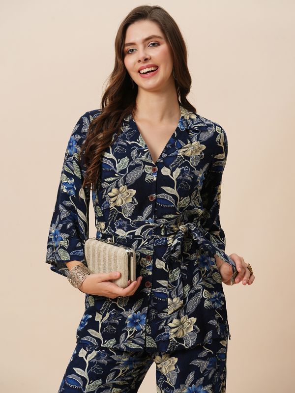 Globus Women Blue Notch Lapel Floral Print Belted Tunic With Partially Elasticated Mid-Rise Wide Leg Pants Fusion Co-Ord Set