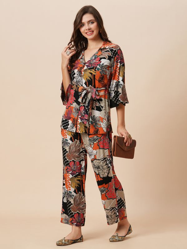 Globus Women Multi Notch Lapel Floral Print Belted Tunic With Partially Elasticated Mid-Rise Wide Leg Pants Fusion Co-Ord Set