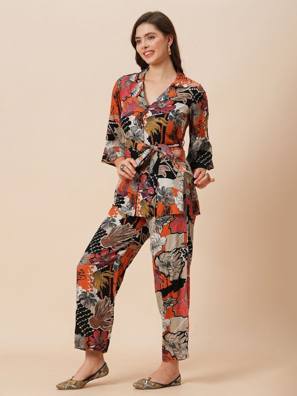 Globus Women Multi Notch Lapel Floral Print Belted Tunic With Partially Elasticated Mid-Rise Wide Leg Pants Fusion Co-Ord Set