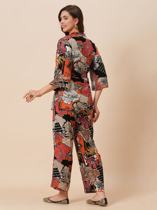 Globus Women Multi Notch Lapel Floral Print Belted Tunic With Partially Elasticated Mid-Rise Wide Leg Pants Fusion Co-Ord Set