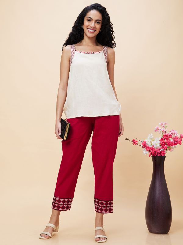 Globus Women Maroon Hem Embroidered Mid-Rise Straight Fit Trousers