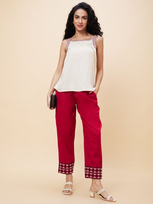 Globus Women Maroon Hem Embroidered Mid-Rise Straight Fit Trousers