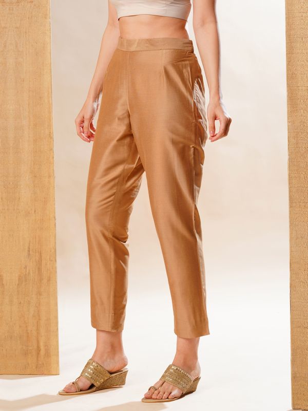 Globus Women Gold Back Elasticated Mid-Rise Flat Front Festive Pants