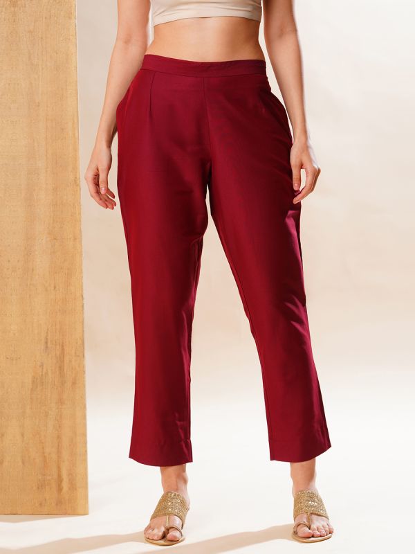 Globus Women Maroon Back Elasticated Mid-Rise Flat Front Festive Pants