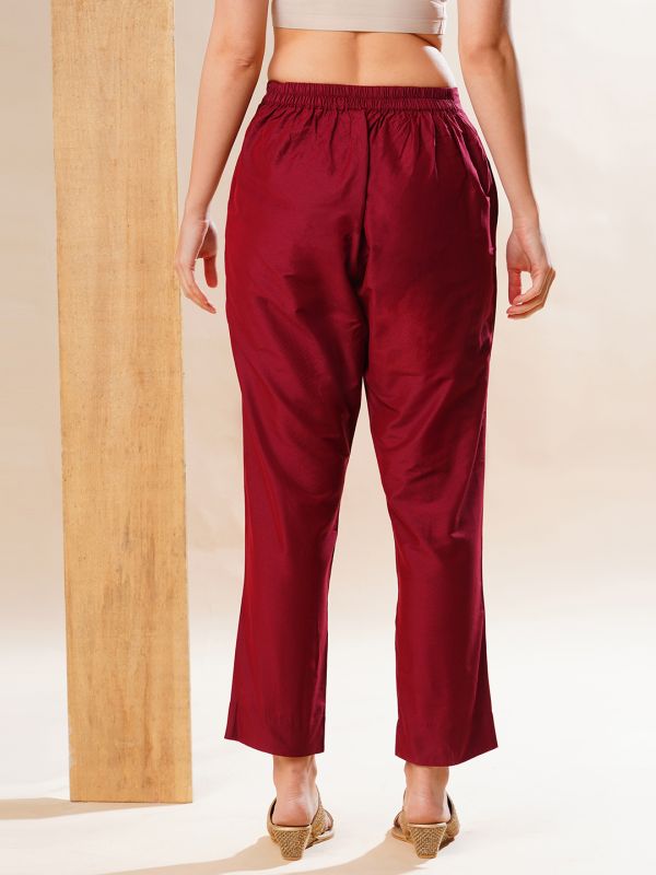 Globus Women Maroon Back Elasticated Mid-Rise Flat Front Festive Pants