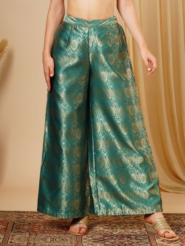 Globus Women Teal & Silver Floral Jaal Print Partially Elaticated Wide Leg Palazzos